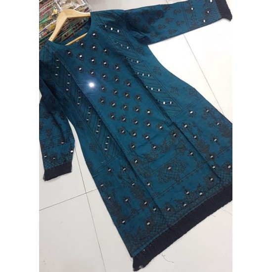 Teal Linen Mirror Work Pakistani Designer Readymade Kurti