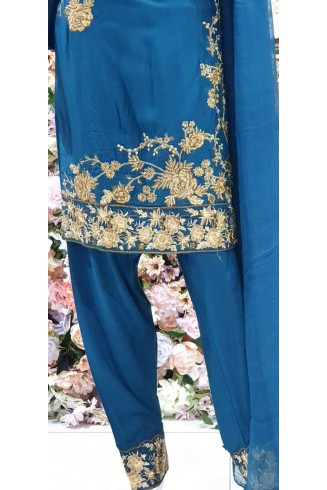 Turquoise Blue Linen Readymade Pakistani Designer Salwar Suit