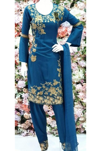 Turquoise Blue Linen Readymade Pakistani Designer Salwar Suit