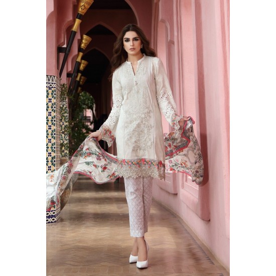 White Readymade Pakistani Style Summer Lawn Suit
