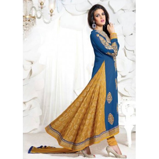 BLUE MEHZABI PARTY WEAR LONG STRAIGHT SALWAR KAMEEZ