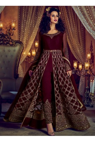MAROON NIRVANA 5201 EMBROIDERED SLIT STYLE ANARKALI SEMI STITCHED GOWN ( DELIVERY IN 2 WEEKS )