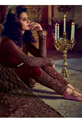 MAROON NIRVANA 5201 EMBROIDERED SLIT STYLE ANARKALI SEMI STITCHED GOWN ( DELIVERY IN 2 WEEKS )