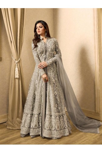 EID DRESS COLLECTION : GREY EMBELLISHED ANARKALI SUIT 