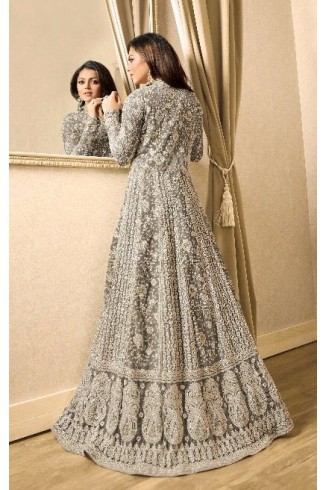 EID DRESS COLLECTION : GREY EMBELLISHED ANARKALI SUIT 