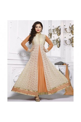 White & Orange Jacket Style Anarkali Suit