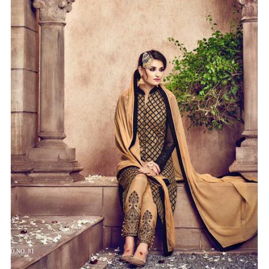 Omtex 81 Beige And Black Georgette Straight Cut Suit