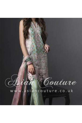 GREEN PINK SEMI STITCHED PAKISTANI LAWN  SUIT