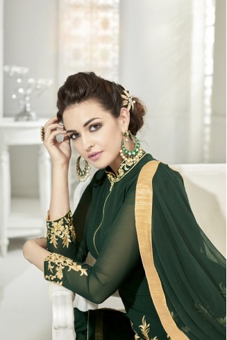 Dark Green Embroidered Long Anarkali Dress