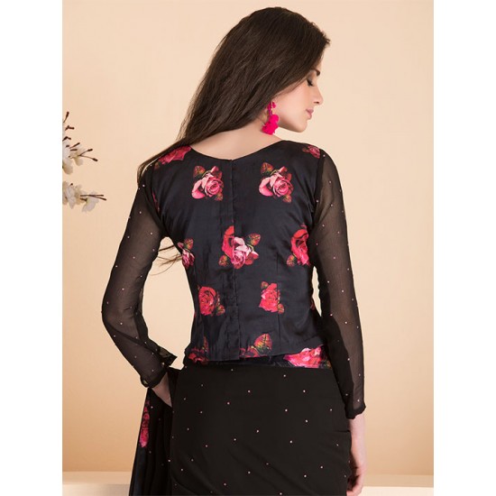 Black Floral Readymade Saree Blouse Party Wear Sari