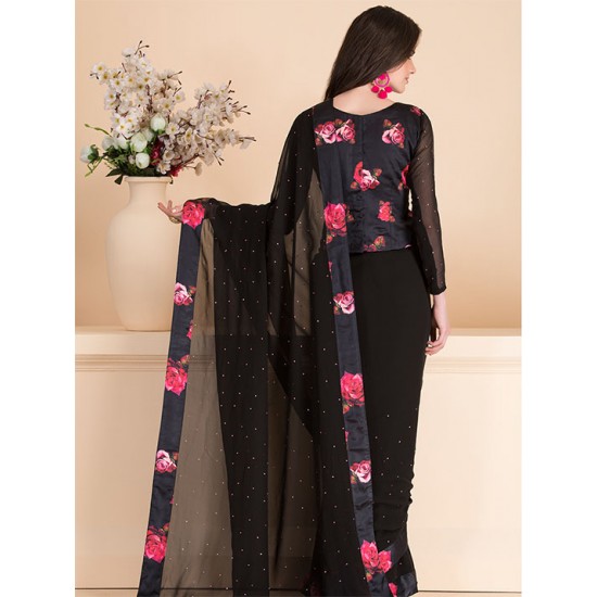 Black Floral Readymade Saree Blouse Party Wear Sari