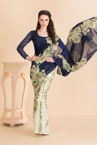 BISCAY GREEN CLASSIC BLUE  CASUAL FLORAL PRINTED SEMI STITCHED SAREE AND BLOUSE 