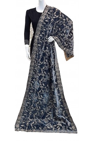 Grey Motif Embroidered Velvet Shawl