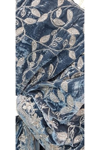 Grey Motif Embroidered Velvet Shawl