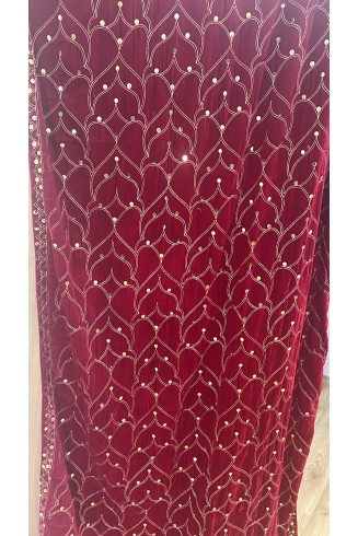 Red Gold Sequin Embroidered Velvet Shawl