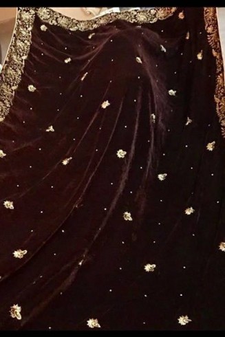 Long Brown Embroidered Velvet Shawl