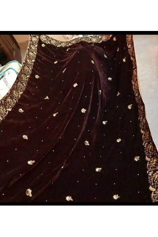 Long Brown Embroidered Velvet Shawl