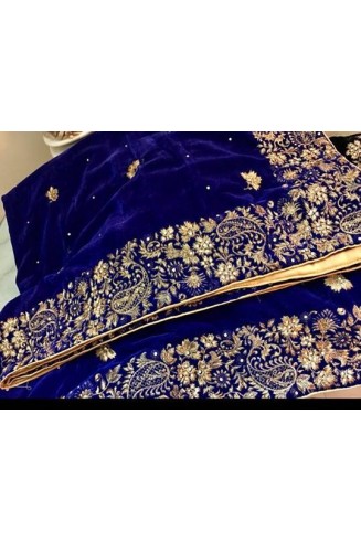 Long Blue Embroidered Velvet Shawl