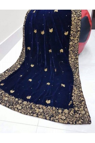 Long Blue Embroidered Velvet Shawl