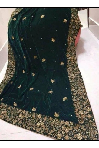 Long Green Embroidered Velvet Shawl