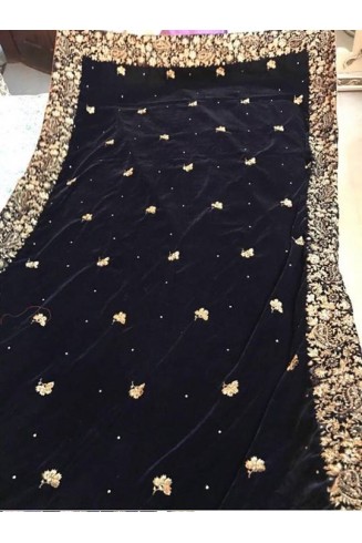 Long Black Embroidered Velvet Shawl