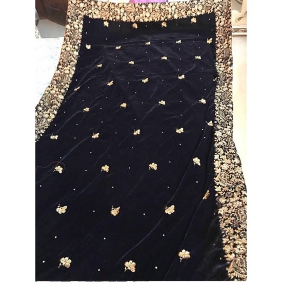 Long Black Embroidered Velvet Shawl