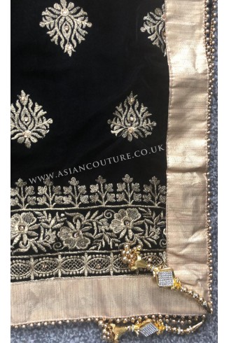 Royal Black Heavy Diamonte Embroidered Velvet Shawl