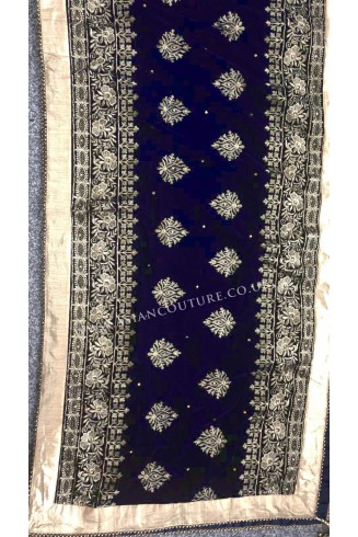 Navy Blue Gold Heavy Embroidered Velvet Shawl