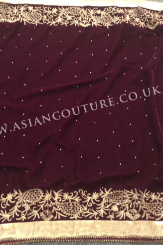 Plum Embroidered Winter Shawl in Micro Velvet