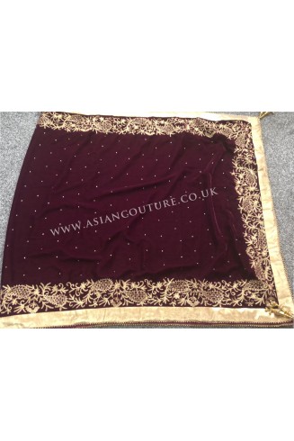 Plum Embroidered Winter Shawl in Micro Velvet