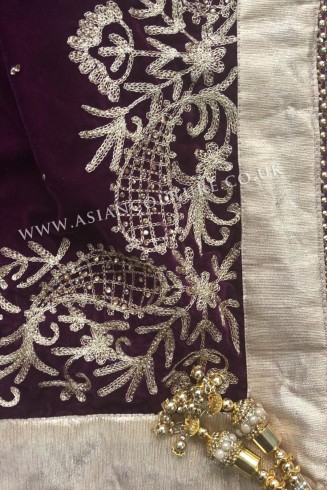 Plum Embroidered Winter Shawl in Micro Velvet