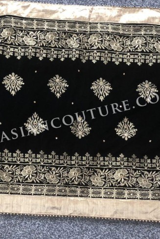Royal Black Heavy Diamonte Embroidered Velvet Shawl