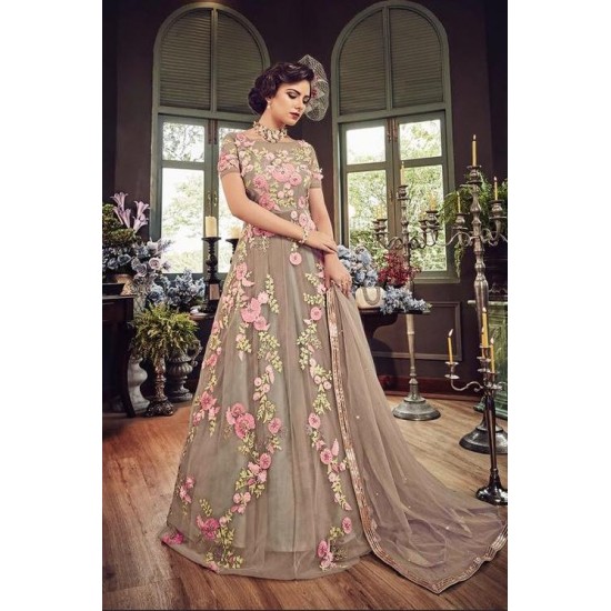 GREY HEAVY EMBROIDERED INDIAN WEDDING & EVENING GOWN 