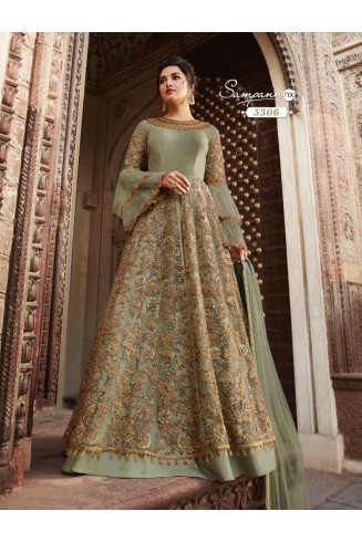 Light Green Pakistani Designer Heavy Embroidered Anarkali Dress