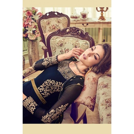 NAVY BLUE GEORGETTE INDIAN JACKET STYLE ANARKALI DRESS