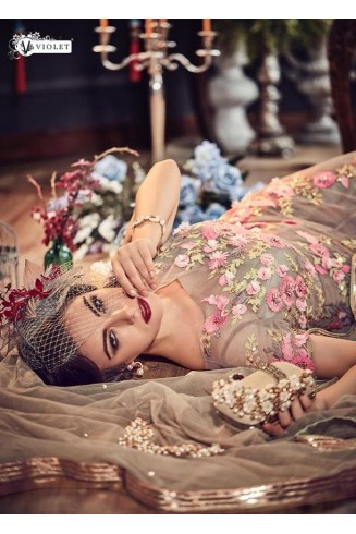 GREY HEAVY EMBROIDERED INDIAN WEDDING & EVENING GOWN 