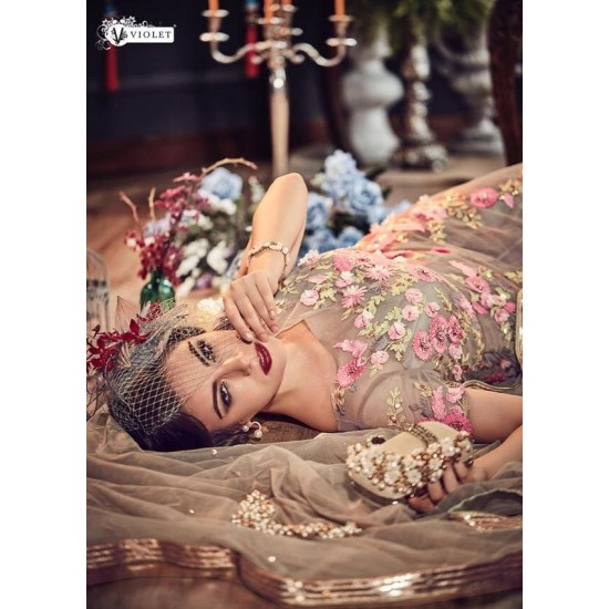 GREY HEAVY EMBROIDERED INDIAN WEDDING & EVENING GOWN 