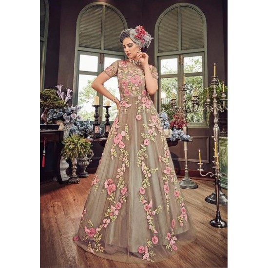 GREY HEAVY EMBROIDERED INDIAN WEDDING & EVENING GOWN 