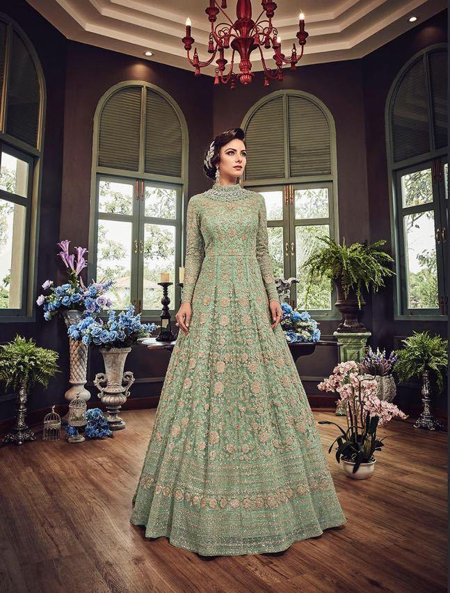 SAGE GREEN HEAVY EMBROIDERED INDIAN WEDDING & EVENING ...