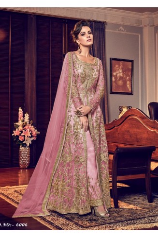 ROSE PINK INDO WESTERN SLIT STYLE NET DRESS