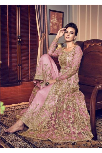 ROSE PINK INDO WESTERN SLIT STYLE NET DRESS