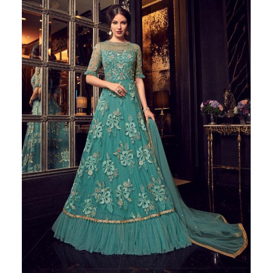 TURQUOISE PARTY WEAR HEAVY WORK DESIGNER ANARKALI GOWN