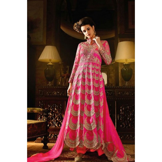 Hot Pink Gold Indian Party Dress Modest Anarkali Gown