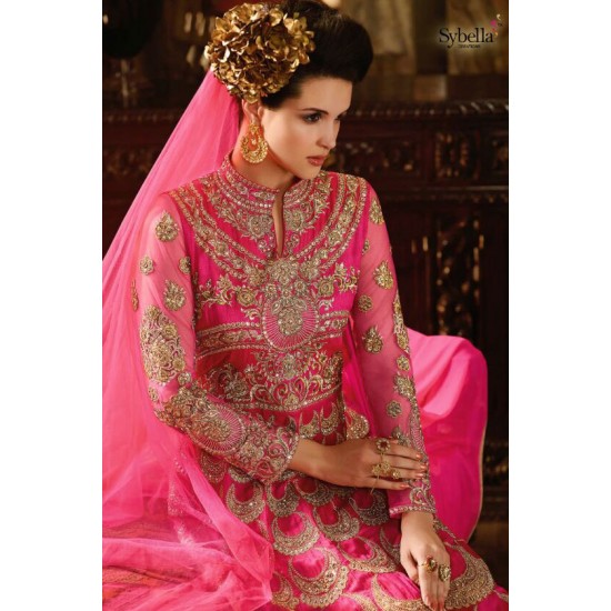 Hot Pink Gold Indian Party Dress Modest Anarkali Gown