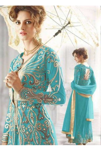Turquoise Indian Anarkali Embroidered Wedding Suit