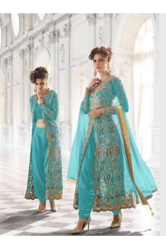 Turquoise Indian Anarkali Embroidered Wedding Suit