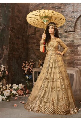 Gold Bridal Anarkali Dress Indian Designer Embellished Gown