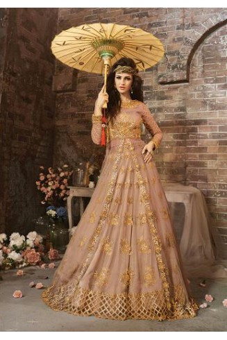 Peach Net Embroidered Anarkali Dress Special Party Wear Maxi
