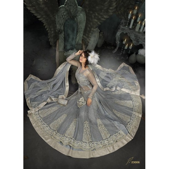 Grey Indian Anarkali Gown Party Wedding Outfit 