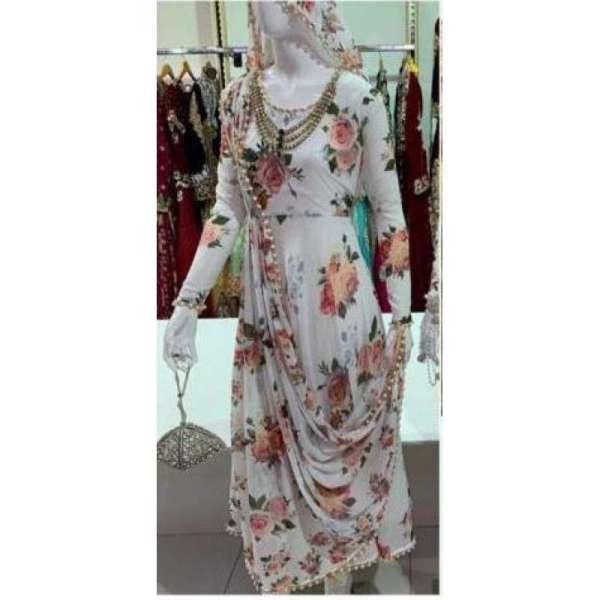3D FLORAL PRINTED READYMADE SUIT WITH PEARL BORDER  (2 Weeks Order)